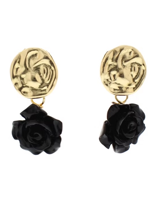 Gold And Black Rose Drop Earrings